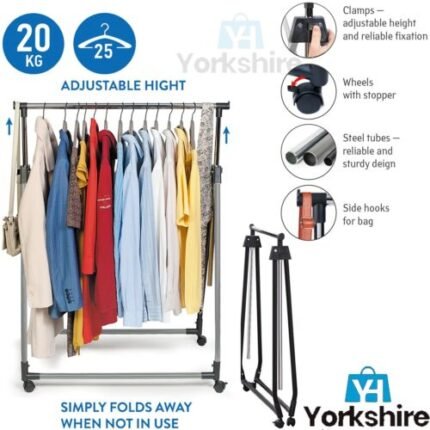 Foldable Collapsible Clothes Rail Rack Wheeled Compact Storage Adjustable Shelf