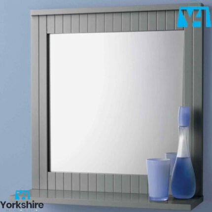BATHROOM WALL MOUNTED MIRROR WITH COSMETICS SHELF WOOD FRAME BATHROOM GREY NEW